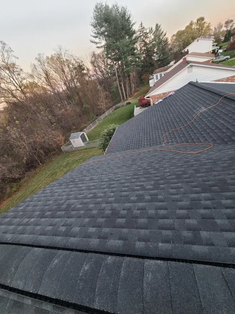 Charcoal architectural shingle roof seen from the ridge, looking down over a backyard with a shed and trees