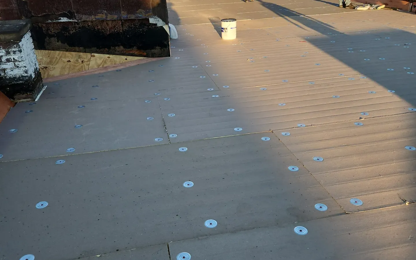 Flat roof cover boards fastened down with round plates, with new plywood along a brick wall