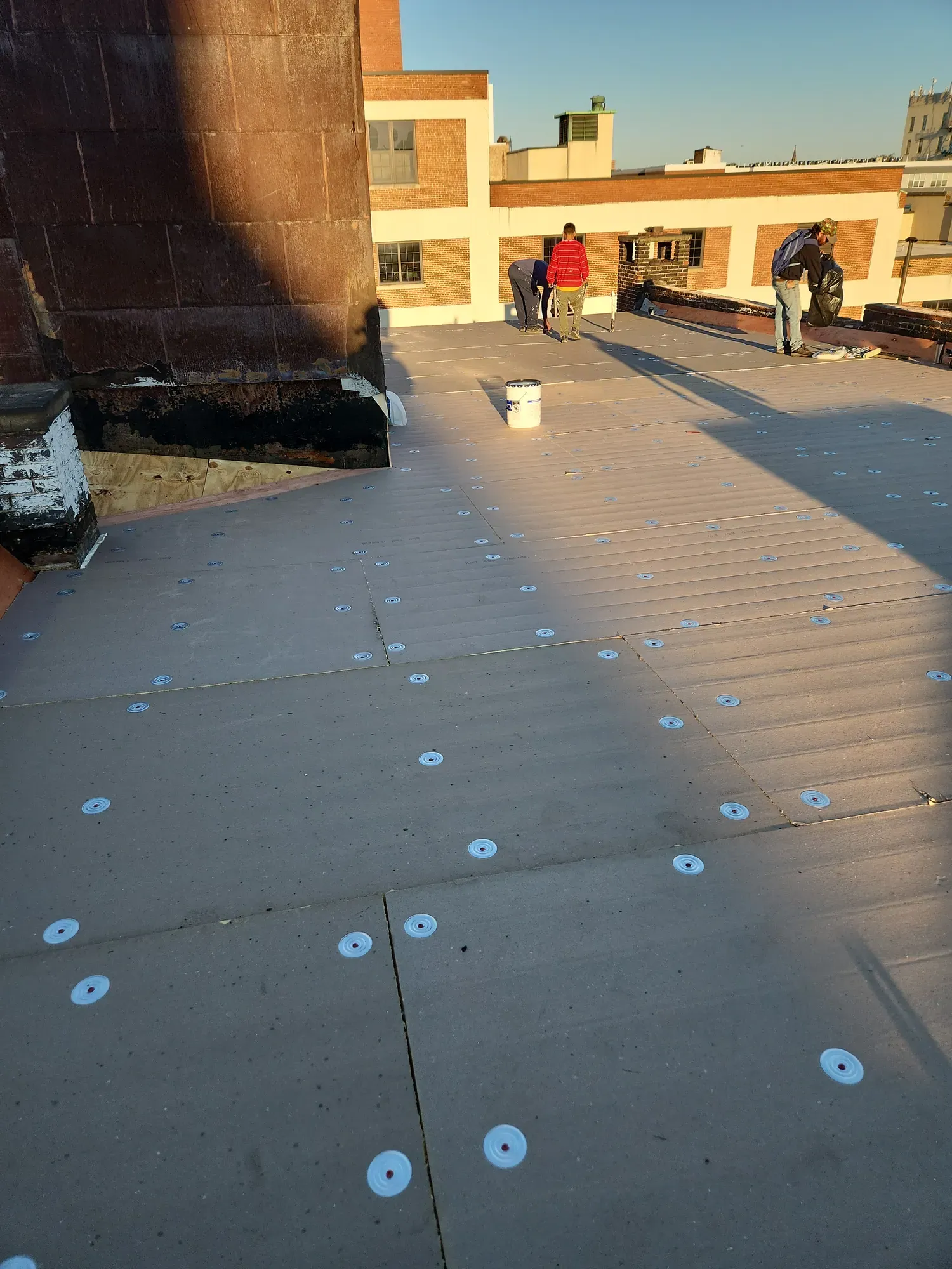 Flat roof covered in gray roof boards held down with round fastening plates, with new plywood at the base of a brick wall